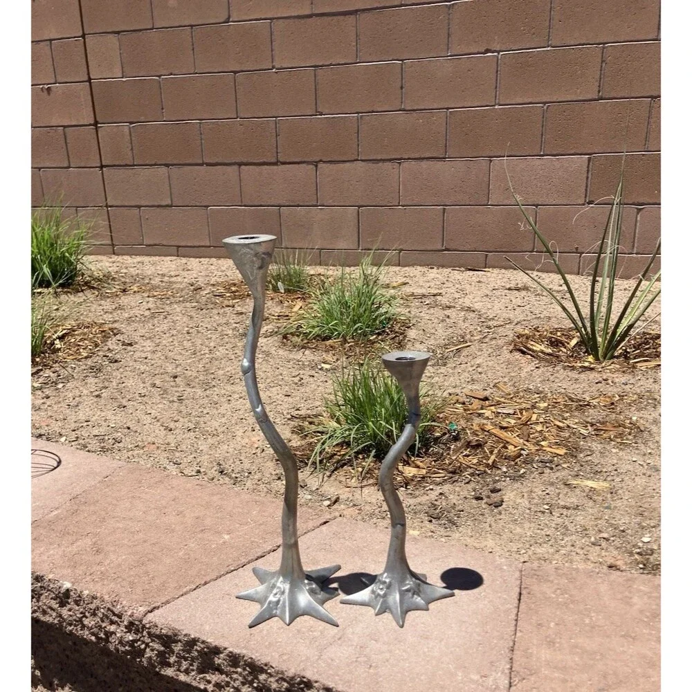 VTG Heavy Cast Metal Candlesticks India 17.5” & 12” Brutalist MCM Pair
